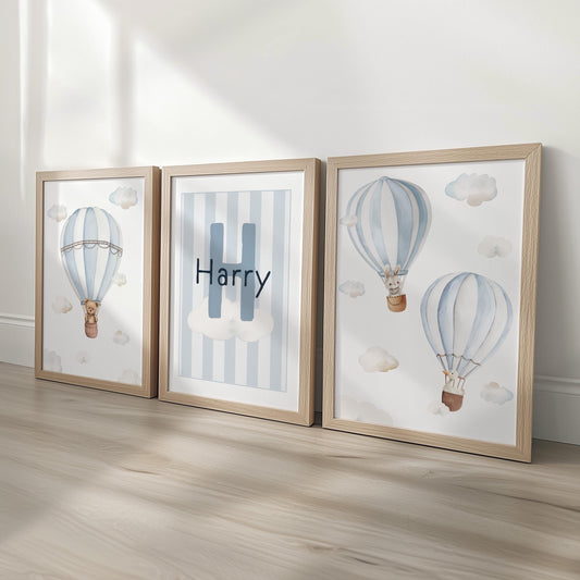 Hot Air Balloon Personalised Set of 3 Prints for Nursery, Striped Wall Art for Baby Bedroom, Cloud Decor Gift,Framed Prints Animal Kids Room