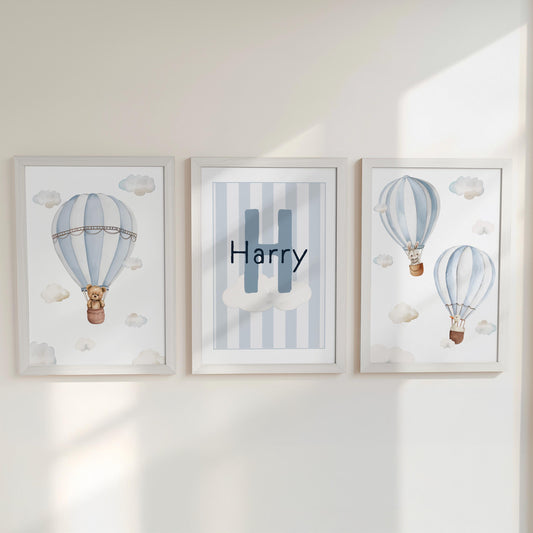 Hot Air Balloon Personalised Set of 3 Prints for Nursery, Striped Wall Art for Baby Bedroom, Cloud Decor Gift,Framed Prints Animal Kids Room