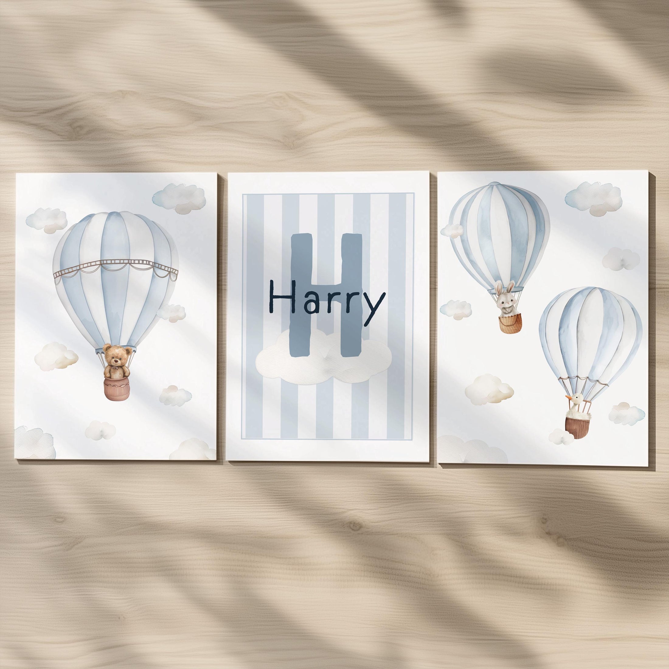 Hot Air Balloon Personalised Set of 3 Prints for Nursery, Striped Wall Art for Baby Bedroom, Cloud Decor Gift,Framed Prints Animal Kids Room