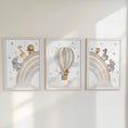Load image into Gallery viewer, Rainbow Safari Animal Nursery Wall Prints, Set of 3 Blue, Green, Beige, or Pink Personalised Hot Air Balloon, Framed or Unframed
