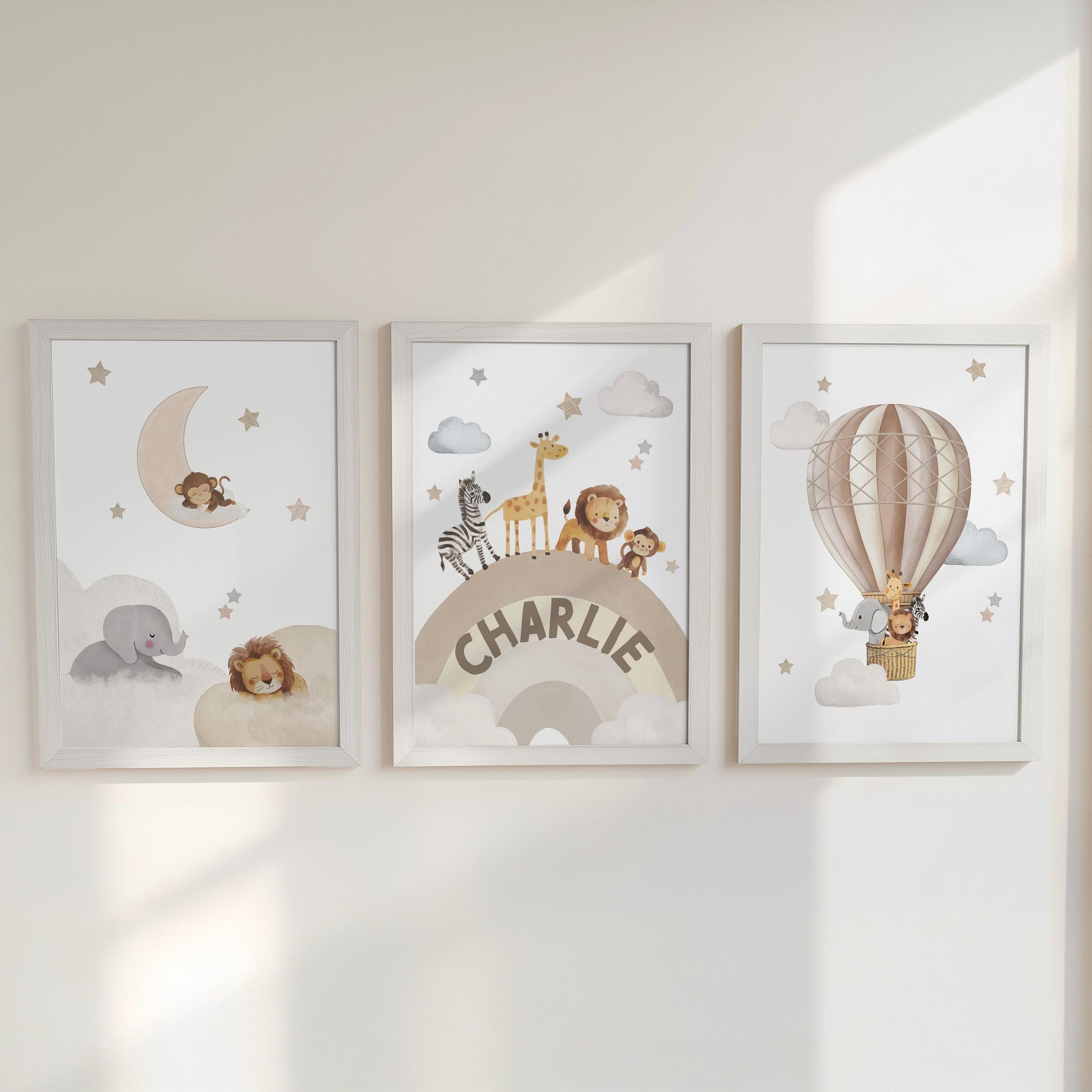 Rainbow Animal Nursery Wall Prints, Set of 3 Hot Air Balloon, Safari Animal Kids Room Posters, Framed or Unframed