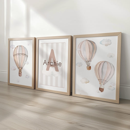 Hot Air Balloon Personalised Set of 3 Prints for Nursery, Striped Wall Art for Baby Bedroom, Beige Decor Gift,Framed Prints Animal Kids Room