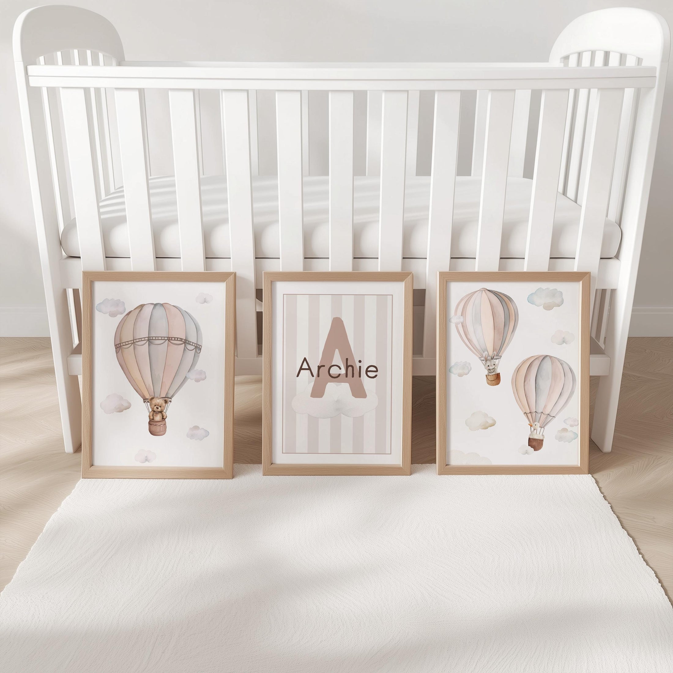 Hot Air Balloon Personalised Set of 3 Prints for Nursery, Striped Wall Art for Baby Bedroom, Beige Decor Gift,Framed Prints Animal Kids Room
