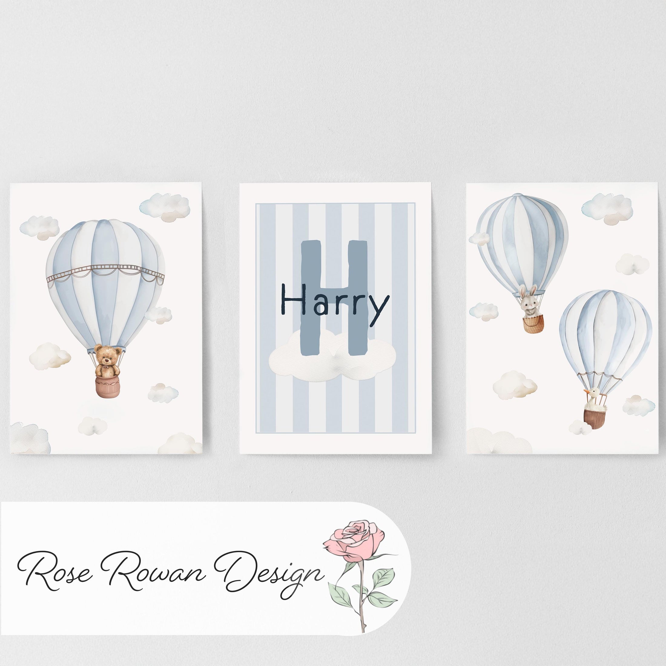 Hot Air Balloon Personalised Set of 3 Prints for Nursery, Striped Wall Art for Baby Bedroom, Cloud Decor Gift,Framed Prints Animal Kids Room