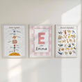 Load image into Gallery viewer, Personalised Name Animal Alphabet & Solar System Set of 3 Prints, Framed Educational Nursery Wall Art Montessori Learning Theme Kids Room
