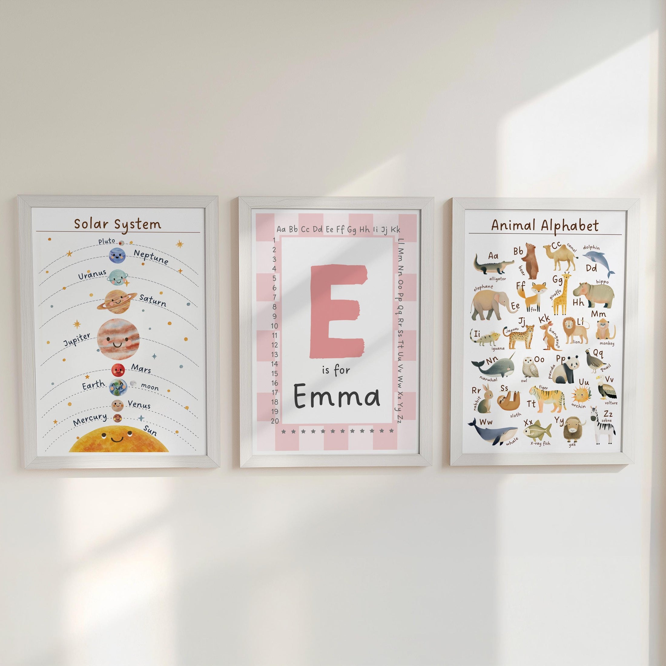 Personalised Name Animal Alphabet & Solar System Set of 3 Prints, Framed Educational Nursery Wall Art Montessori Learning Theme Kids Room