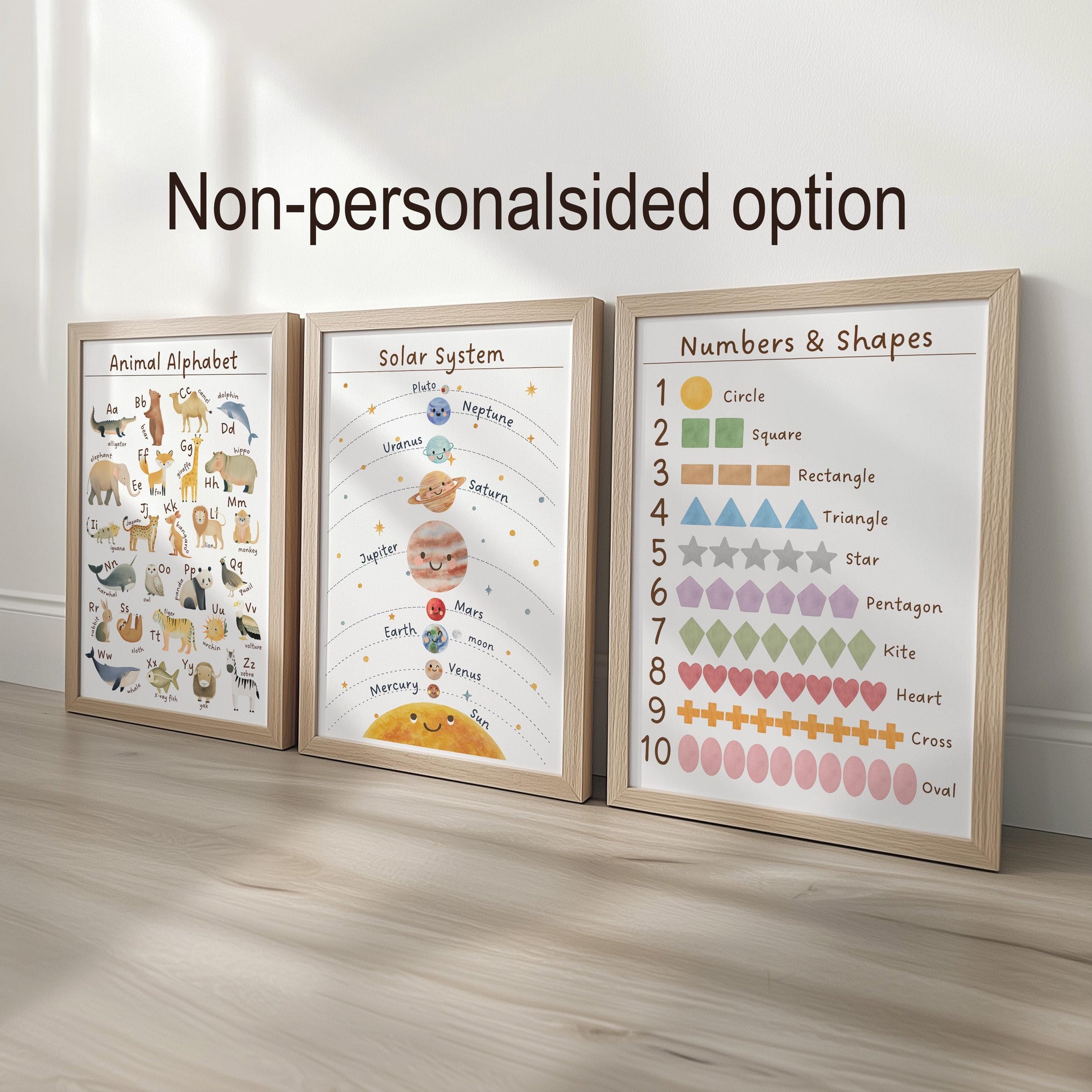 Personalised Name Animal Alphabet & Solar System Set of 3 Prints, Framed Educational Nursery Wall Art Montessori Learning Theme Kids Room