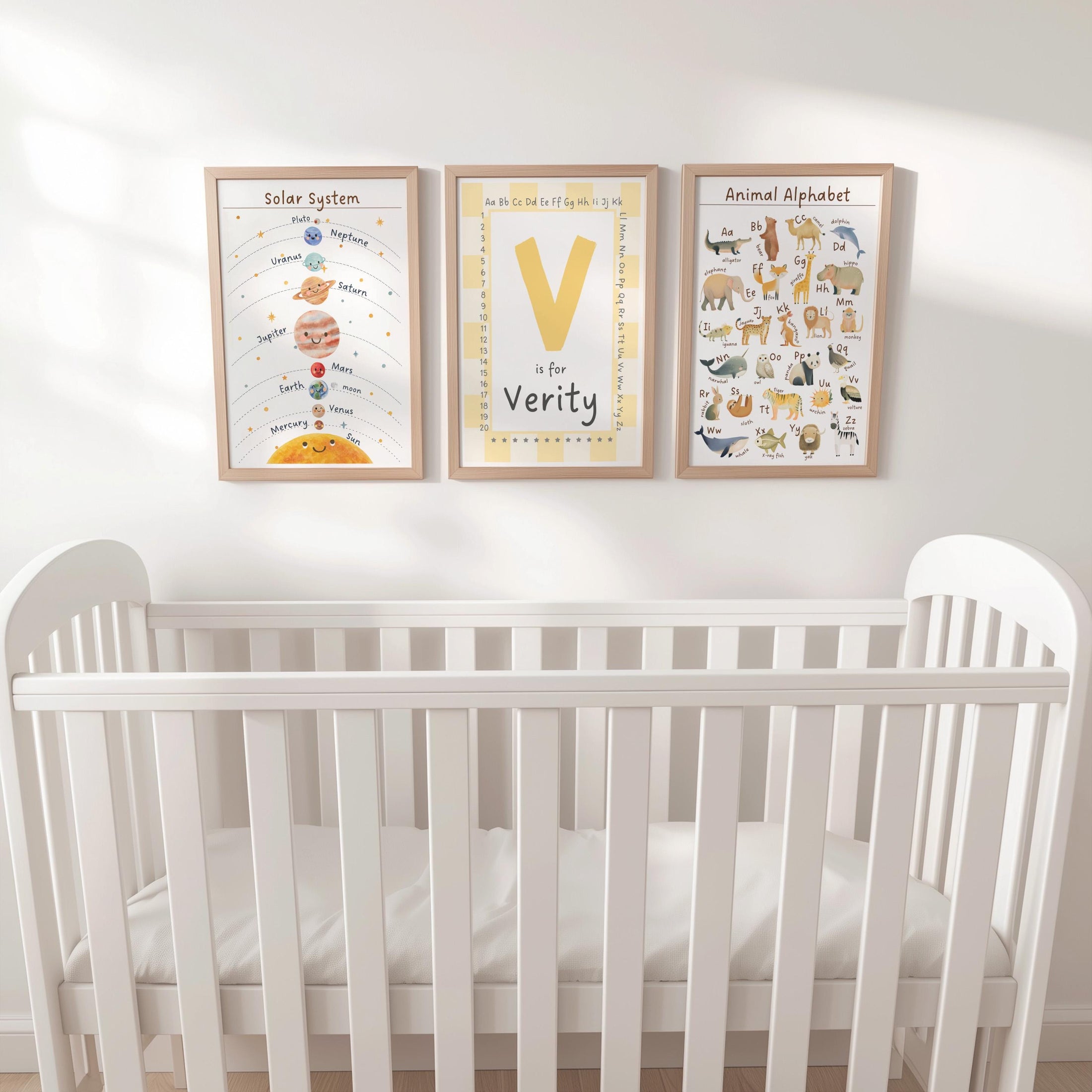 Personalised Name Animal Alphabet & Solar System Set of 3 Prints, Framed Educational Nursery Wall Art Montessori Learning Theme Kids Room