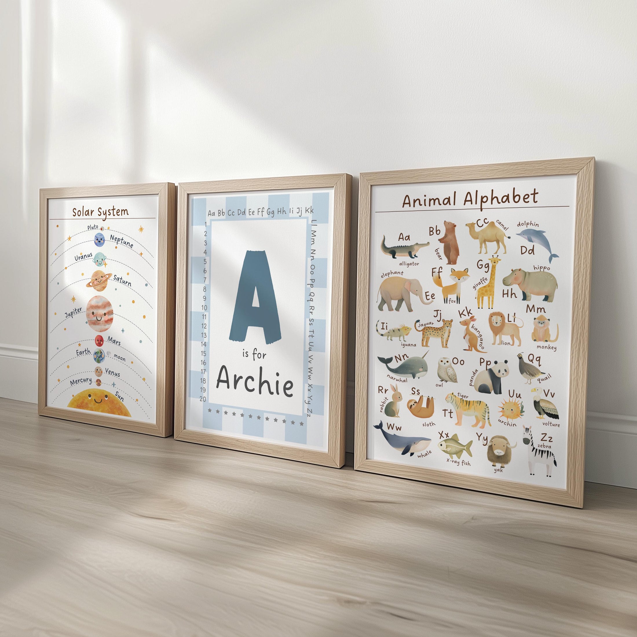 Personalised Name Animal Alphabet & Solar System Set of 3 Prints, Framed Educational Nursery Wall Art Montessori Learning Theme Kids Room