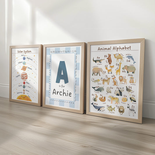 Personalised Name Animal Alphabet & Solar System Set of 3 Prints, Framed Educational Nursery Wall Art Montessori Learning Theme Kids Room