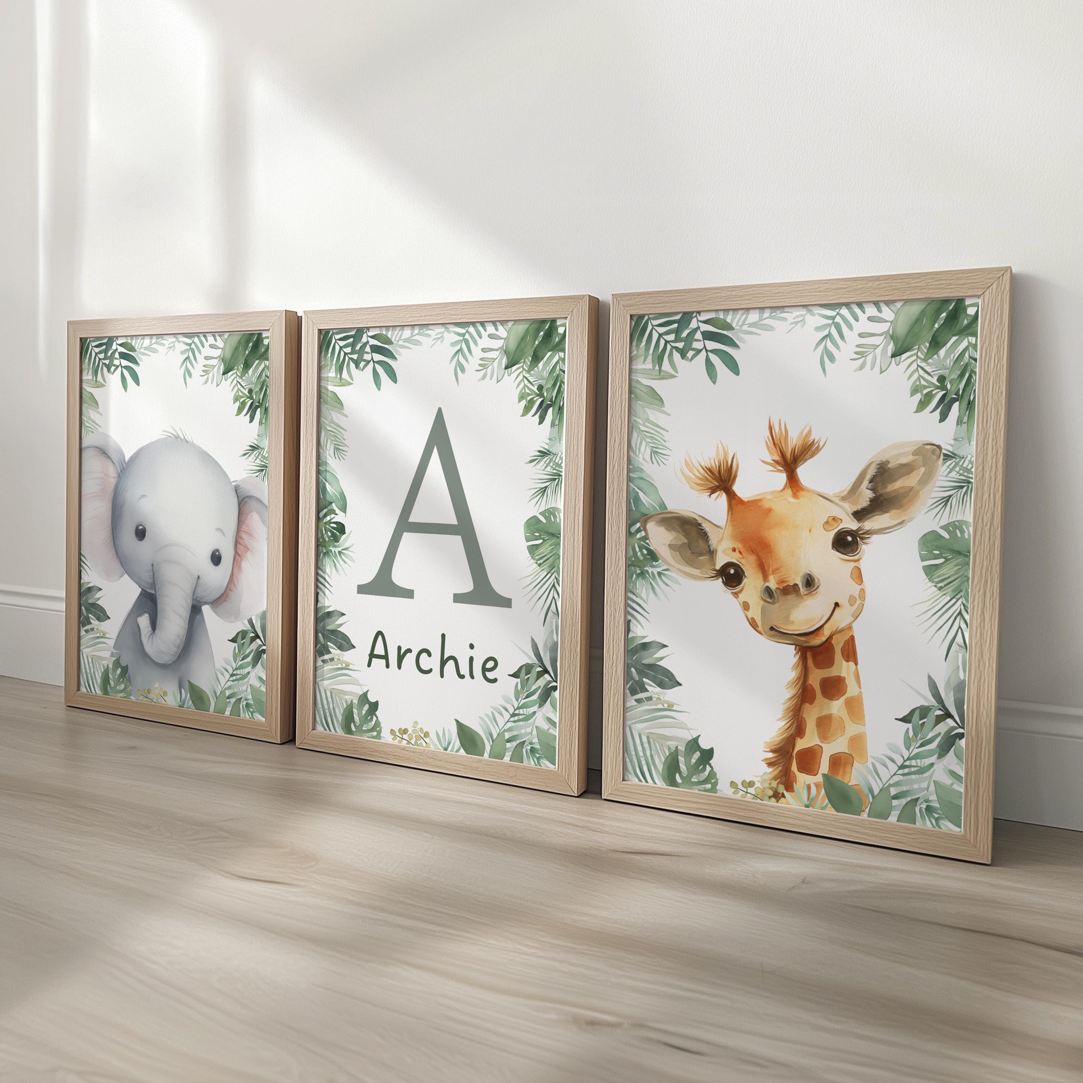 Personalised Safari Animal Nursery Print Set - Custom Name & Initial Wall Art – Jungle Baby Room Decor with Optional Frames