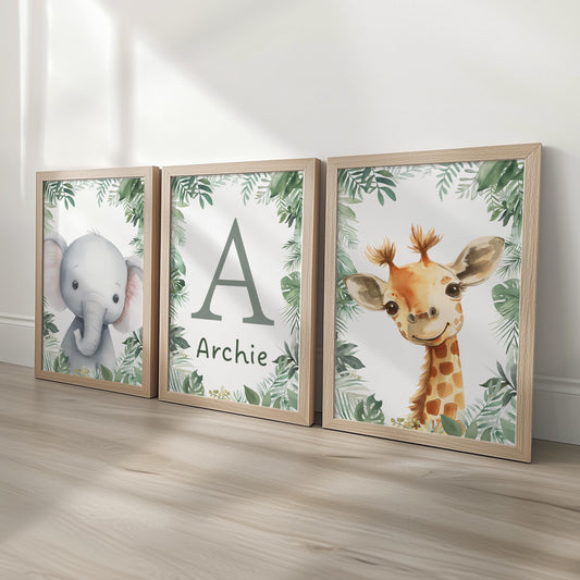 Personalised Safari Animal Nursery Print Set - Custom Name & Initial Wall Art – Jungle Baby Room Decor with Optional Frames