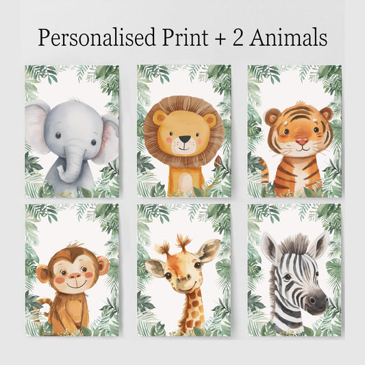 Personalised Safari Animal Nursery Print Set - Custom Name & Initial Wall Art – Jungle Baby Room Decor with Optional Frames