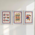 Load image into Gallery viewer, Set of 3 Retro Cars Striped Nursery Wall Art Prints - Red & Blue with Optional Frames - Cool Kids Club Quote
