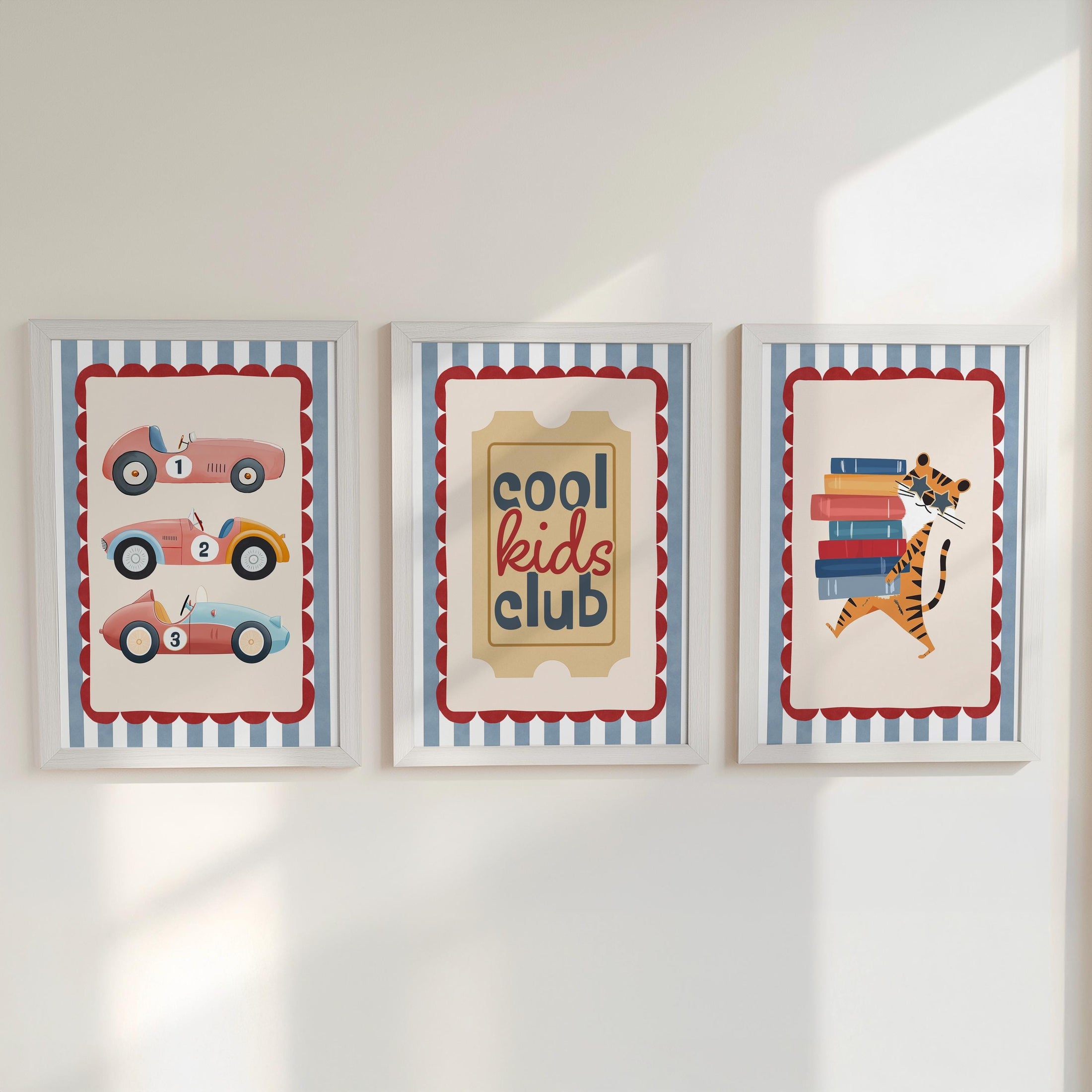 Set of 3 Retro Cars Striped Nursery Wall Art Prints - Red & Blue with Optional Frames - Cool Kids Club Quote
