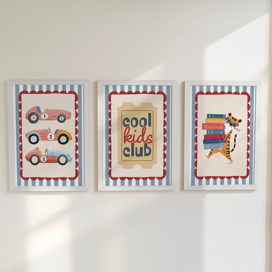 Set of 3 Retro Cars Striped Nursery Wall Art Prints - Red & Blue with Optional Frames - Cool Kids Club Quote