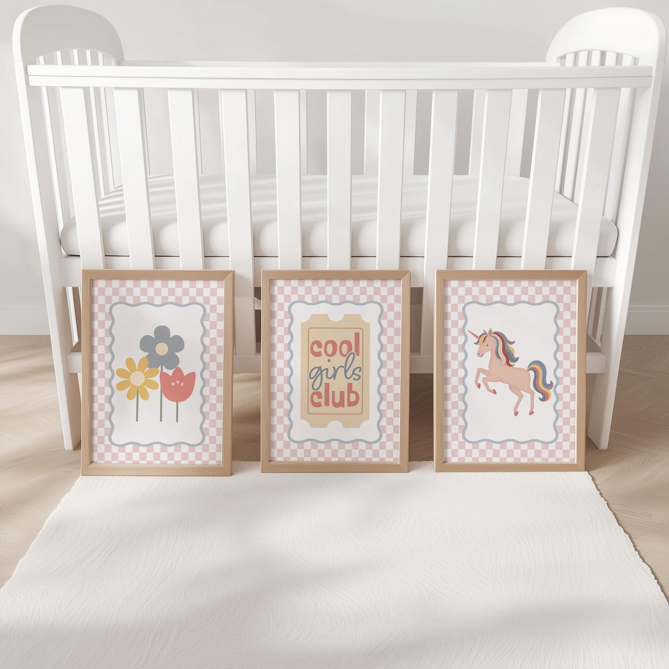 Cool Girls Club Nursery Print Set – Unicorn, Flowers & Quote Wall Art – Girls Bedroom Prints with Optional Frames - Pink Checkerboard