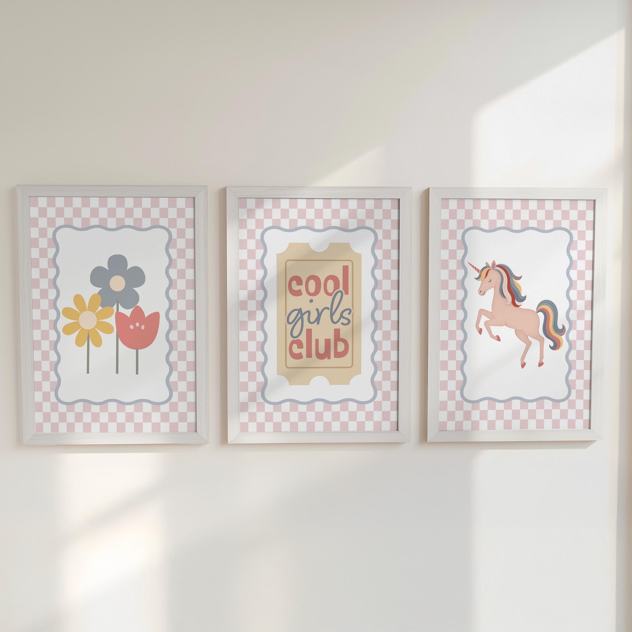 Cool Girls Club Nursery Print Set – Unicorn, Flowers & Quote Wall Art – Girls Bedroom Prints with Optional Frames - Pink Checkerboard