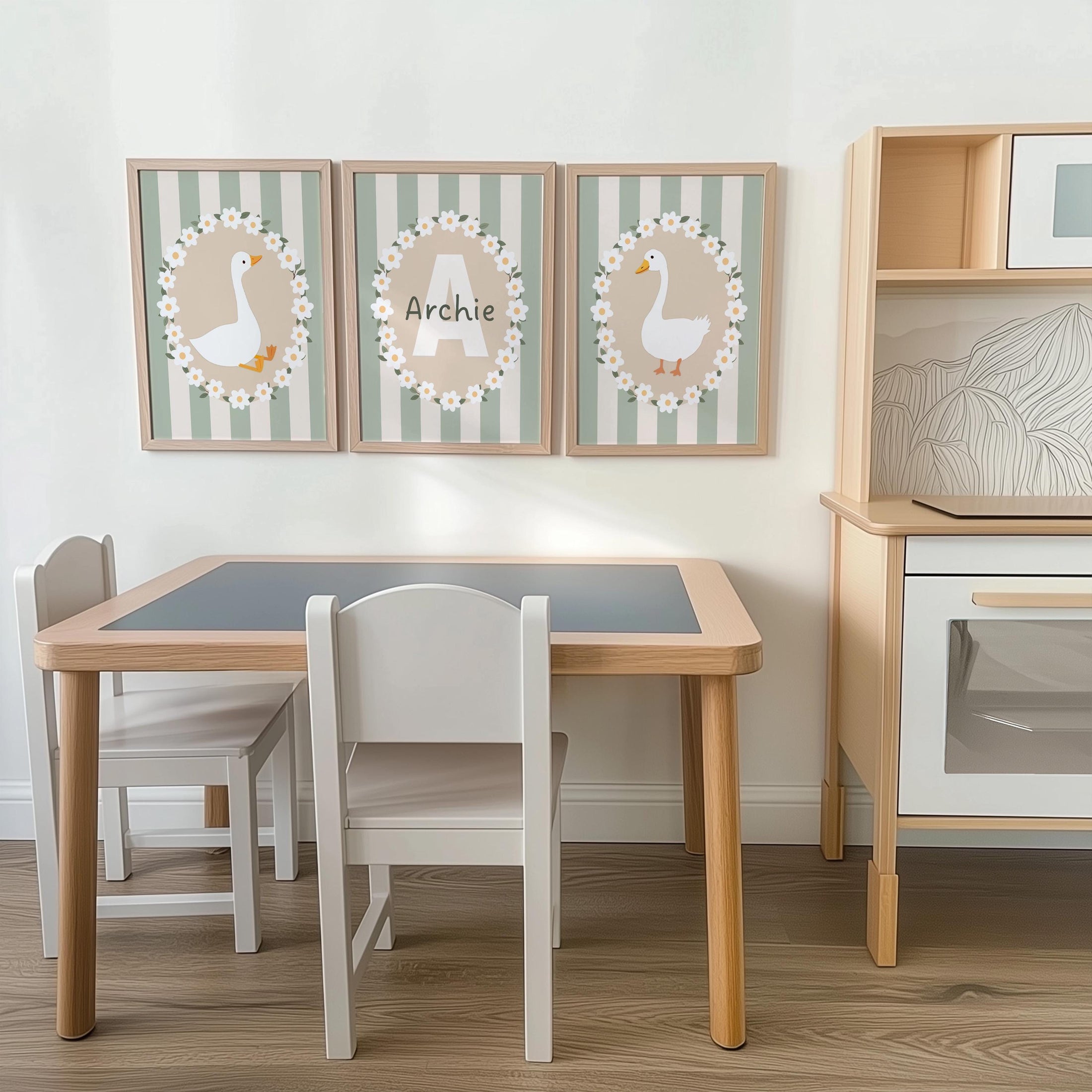 Personalised Goose Nursery Print Set – Custom Name & Initial Wall Art – Green Striped Baby Room Decor with Optional Frames