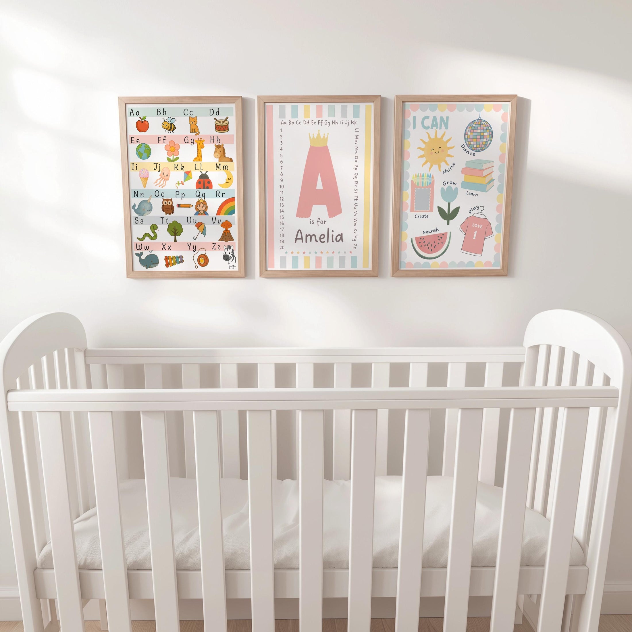 Set of 3 Personalised Nursery Prints - ABC Alphabet, Name Initial, I Can Affirmations - Kids Educational Wall Art with Optional Frames