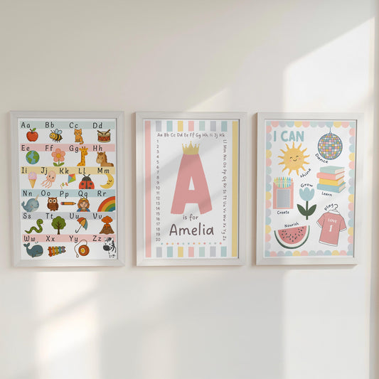 Set of 3 Personalised Nursery Prints - ABC Alphabet, Name Initial, I Can Affirmations - Kids Educational Wall Art with Optional Frames