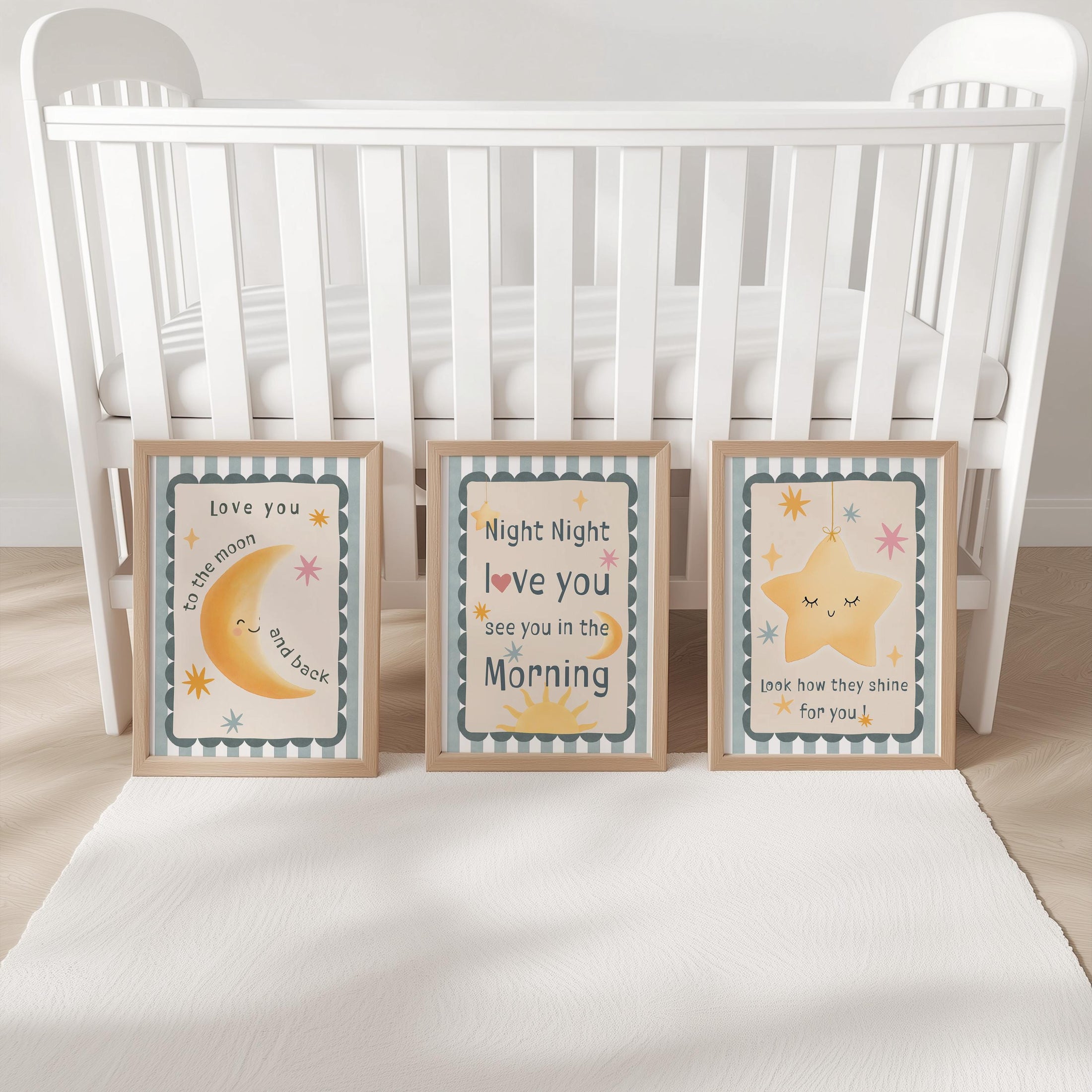 Neutral Nursery Wall Art – 3 Print Set with Moon and Stars – “Night Night, Love You” Baby Bedroom Prints with Optional Frames for Kids Room