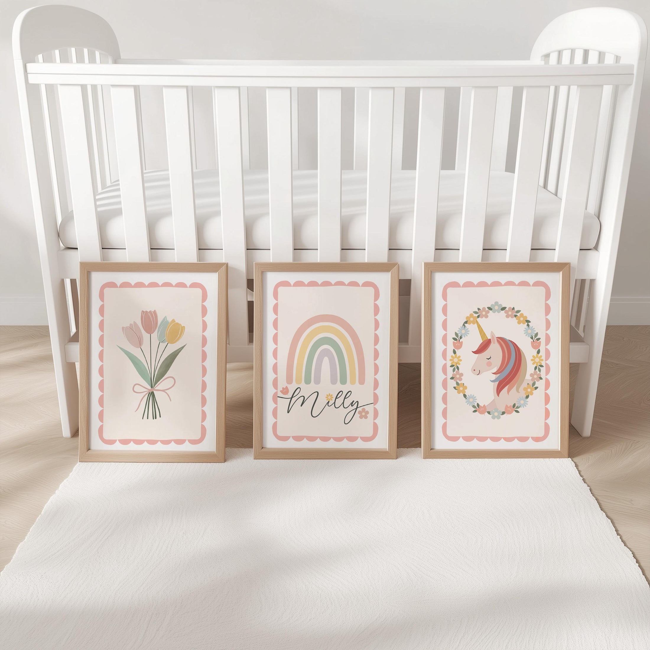 Set of 3 Personalised Nursery Prints - Rainbow, Unicorn & Flowers - Girls Bedroom Wall Art with Optional Frames