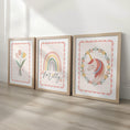 Load image into Gallery viewer, Set of 3 Personalised Nursery Prints - Rainbow, Unicorn & Flowers - Girls Bedroom Wall Art with Optional Frames
