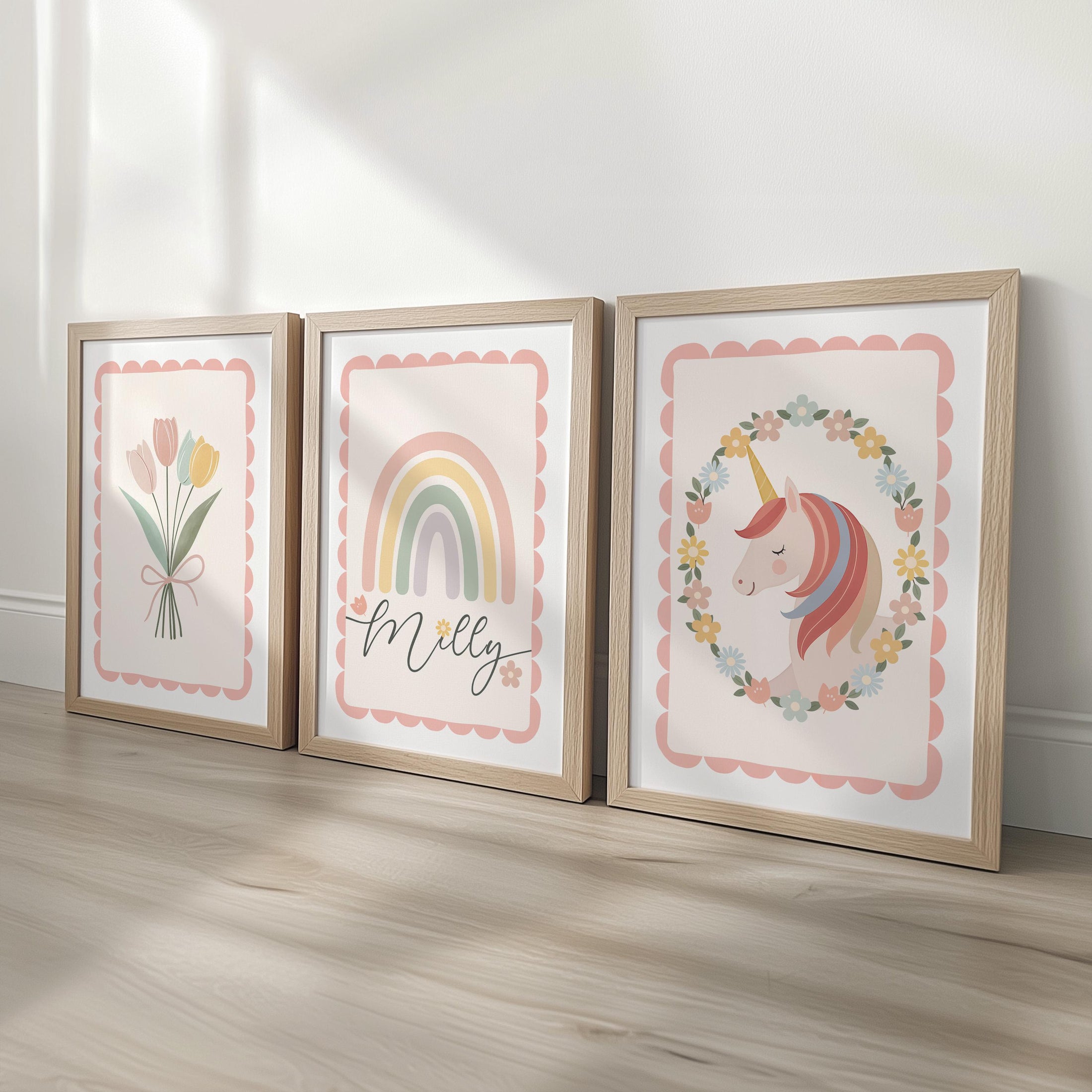 Set of 3 Personalised Nursery Prints - Rainbow, Unicorn & Flowers - Girls Bedroom Wall Art with Optional Frames