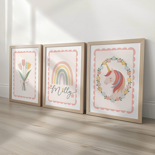 Set of 3 Personalised Nursery Prints - Rainbow, Unicorn & Flowers - Girls Bedroom Wall Art with Optional Frames