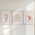 Load image into Gallery viewer, Set of 3 Personalised Nursery Prints - Rainbow, Unicorn & Flowers - Girls Bedroom Wall Art with Optional Frames
