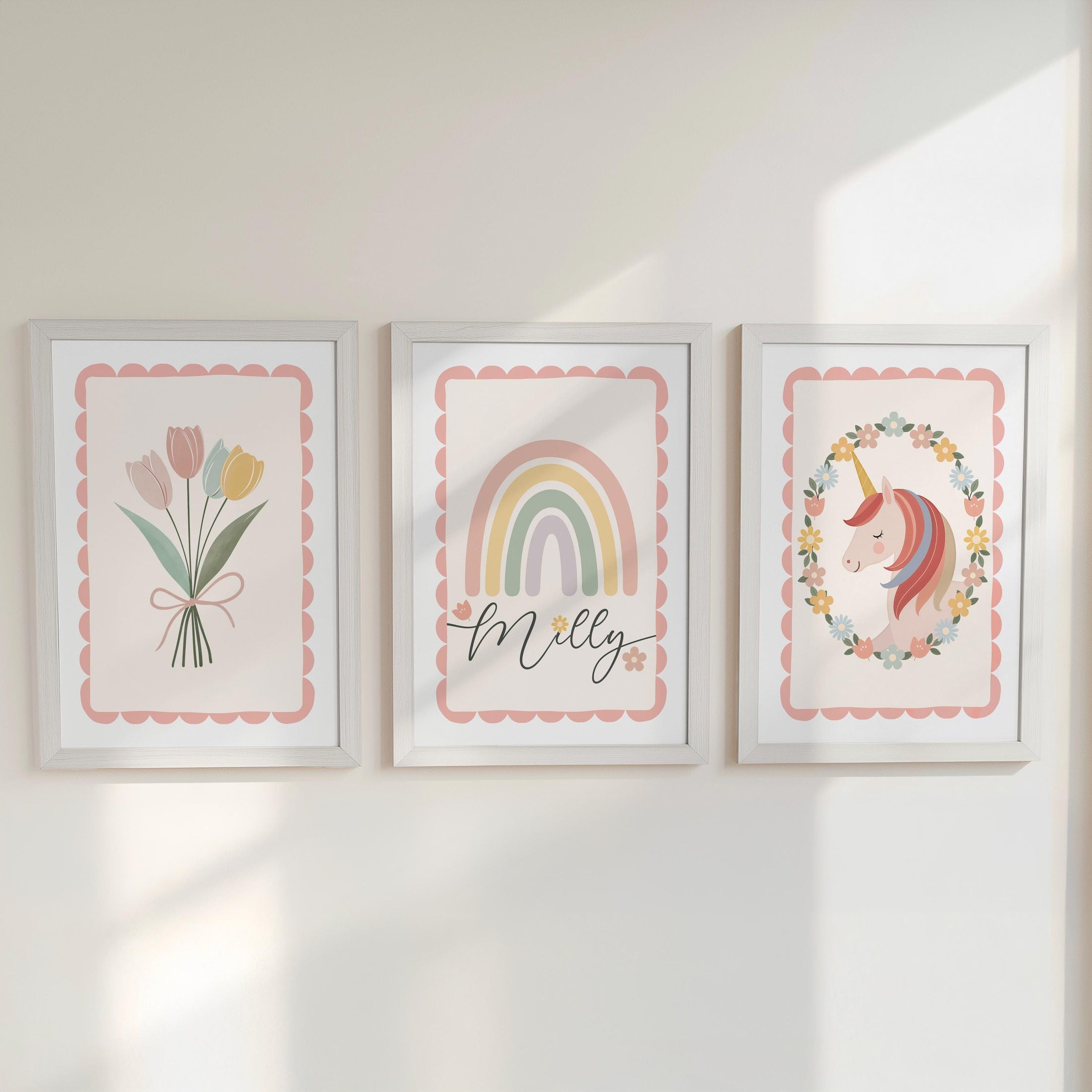 Set of 3 Personalised Nursery Prints - Rainbow, Unicorn & Flowers - Girls Bedroom Wall Art with Optional Frames