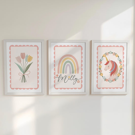 Set of 3 Personalised Nursery Prints - Rainbow, Unicorn & Flowers - Girls Bedroom Wall Art with Optional Frames