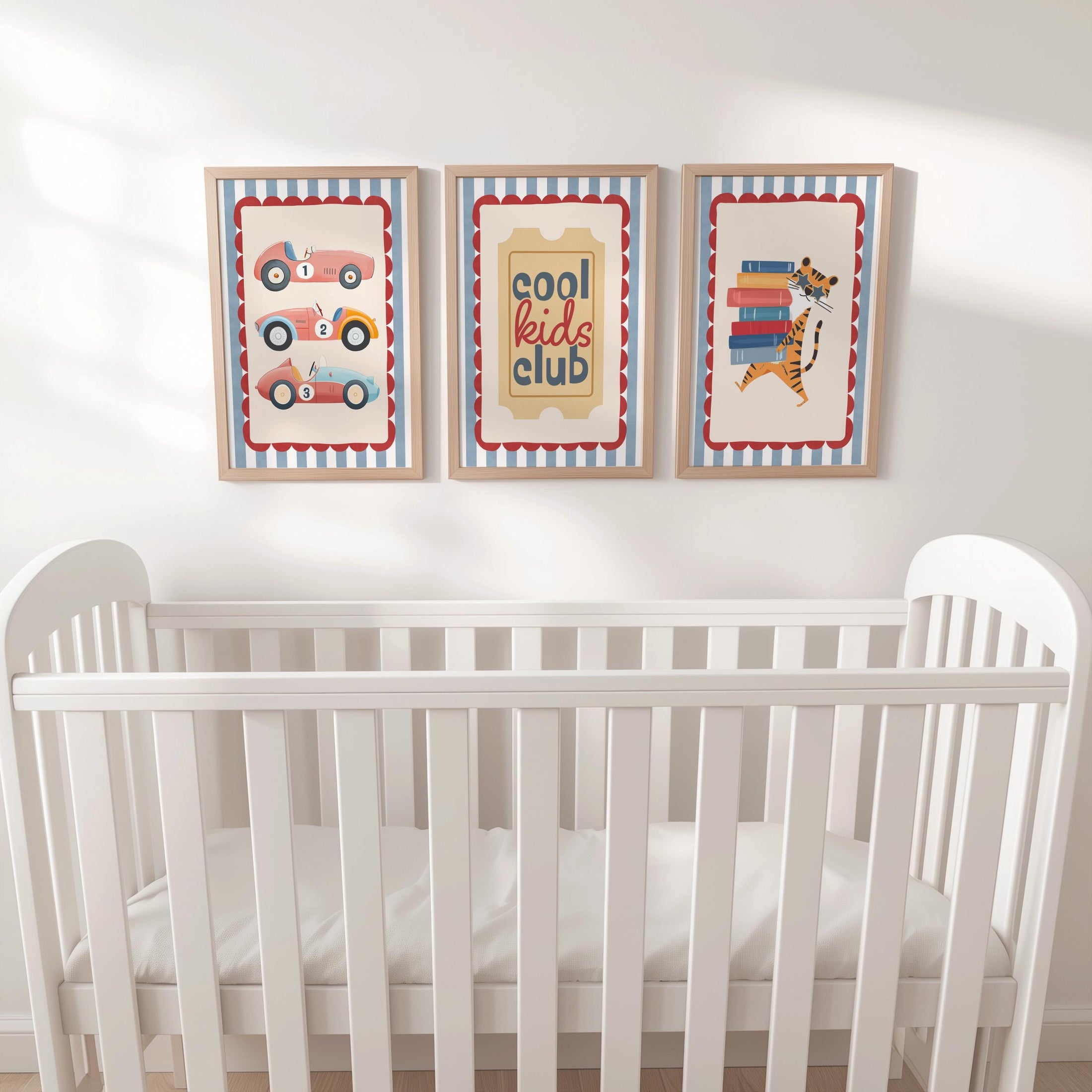 Set of 3 Retro Cars Striped Nursery Wall Art Prints - Red & Blue with Optional Frames - Cool Kids Club Quote