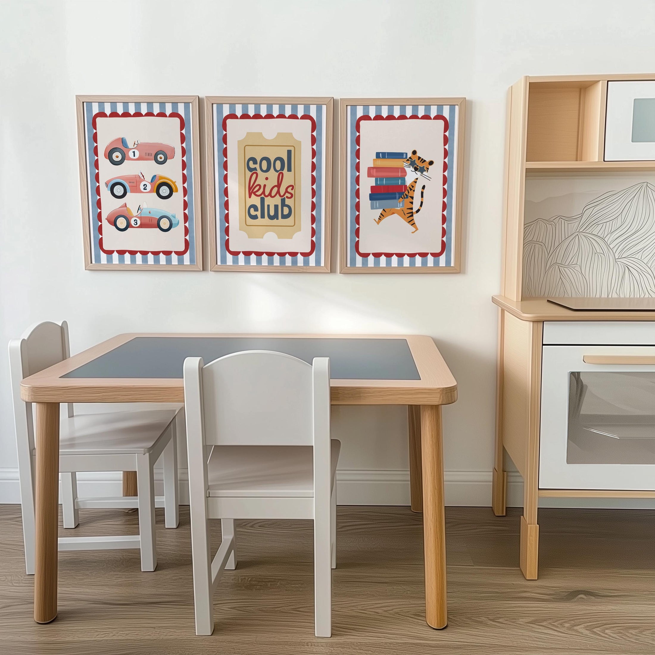 Set of 3 Retro Cars Striped Nursery Wall Art Prints - Red & Blue with Optional Frames - Cool Kids Club Quote