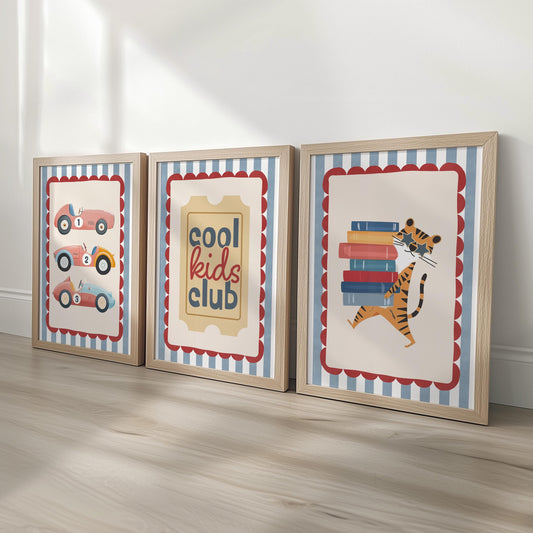 Set of 3 Retro Cars Striped Nursery Wall Art Prints - Red & Blue with Optional Frames - Cool Kids Club Quote