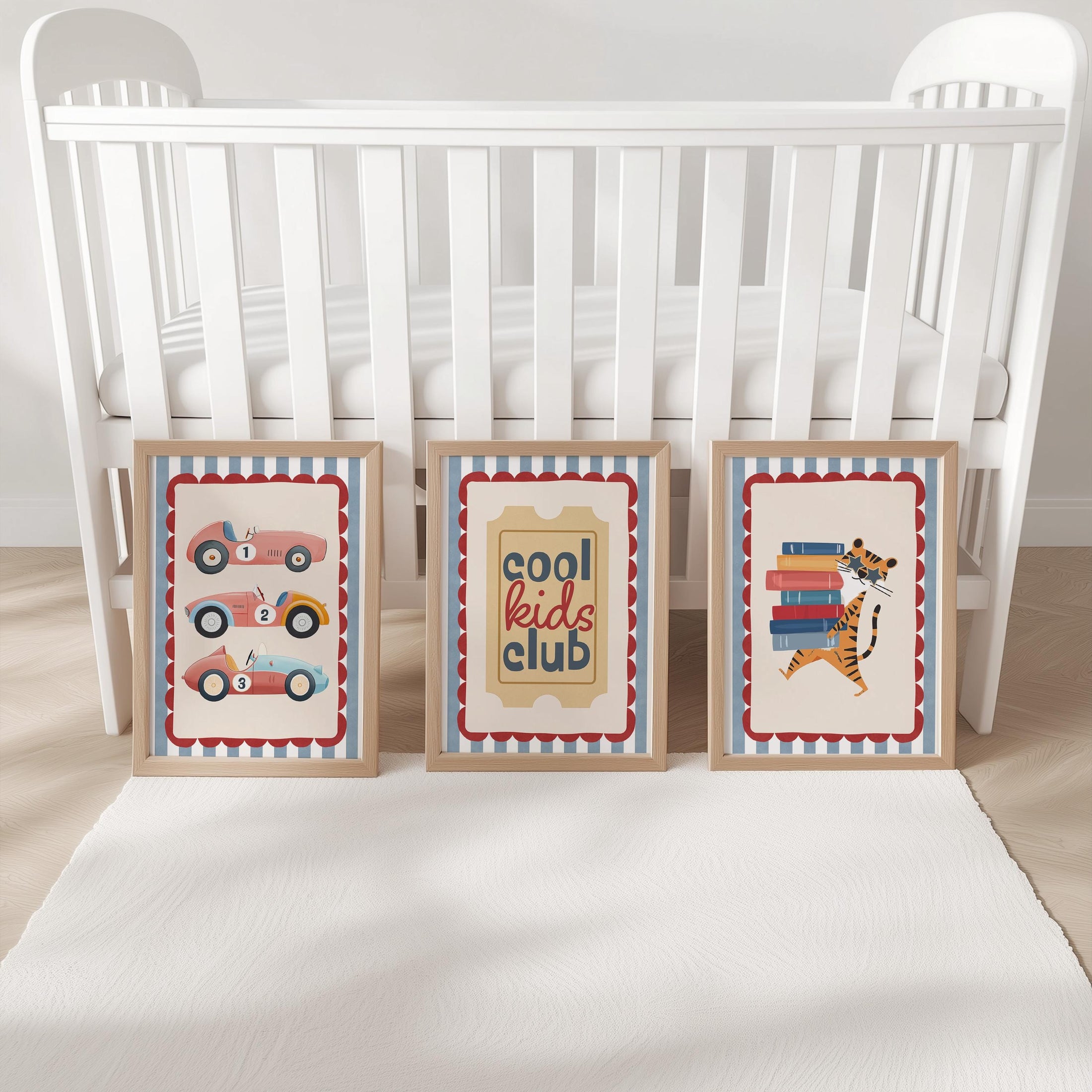 Set of 3 Retro Cars Striped Nursery Wall Art Prints - Red & Blue with Optional Frames - Cool Kids Club Quote
