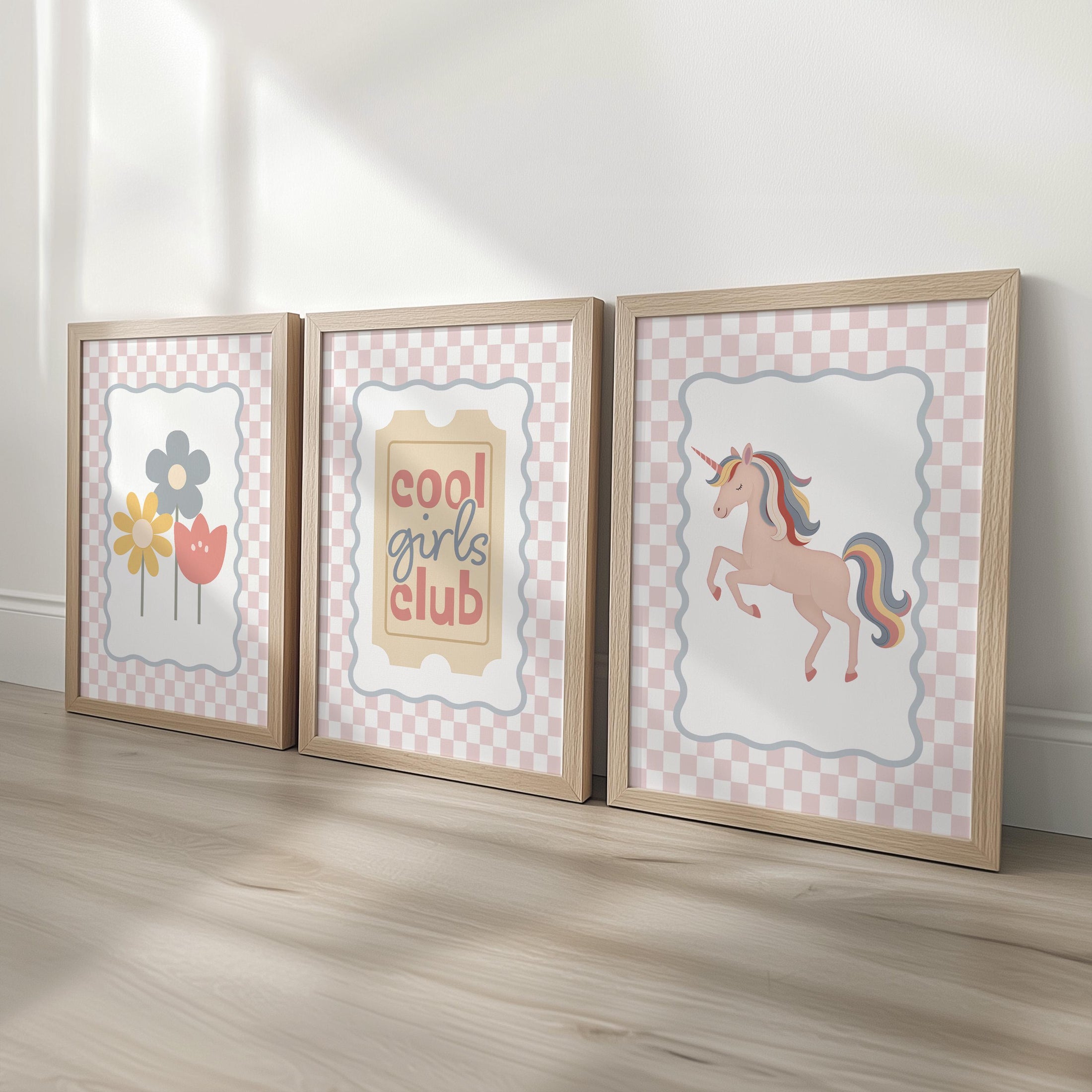 Cool Girls Club Nursery Print Set – Unicorn, Flowers & Quote Wall Art – Girls Bedroom Prints with Optional Frames - Pink Checkerboard