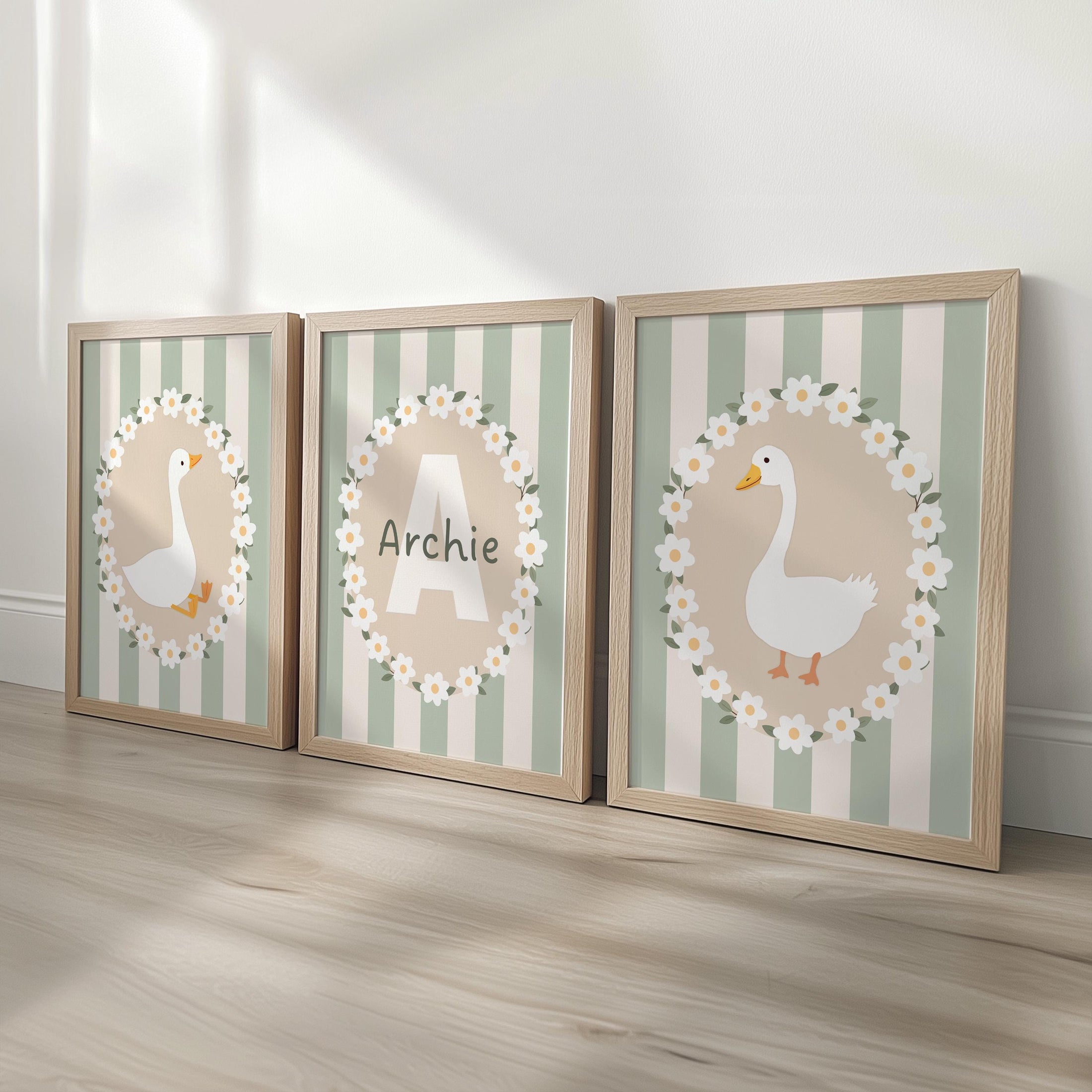 Personalised Goose Nursery Print Set – Custom Name & Initial Wall Art – Green Striped Baby Room Decor with Optional Frames