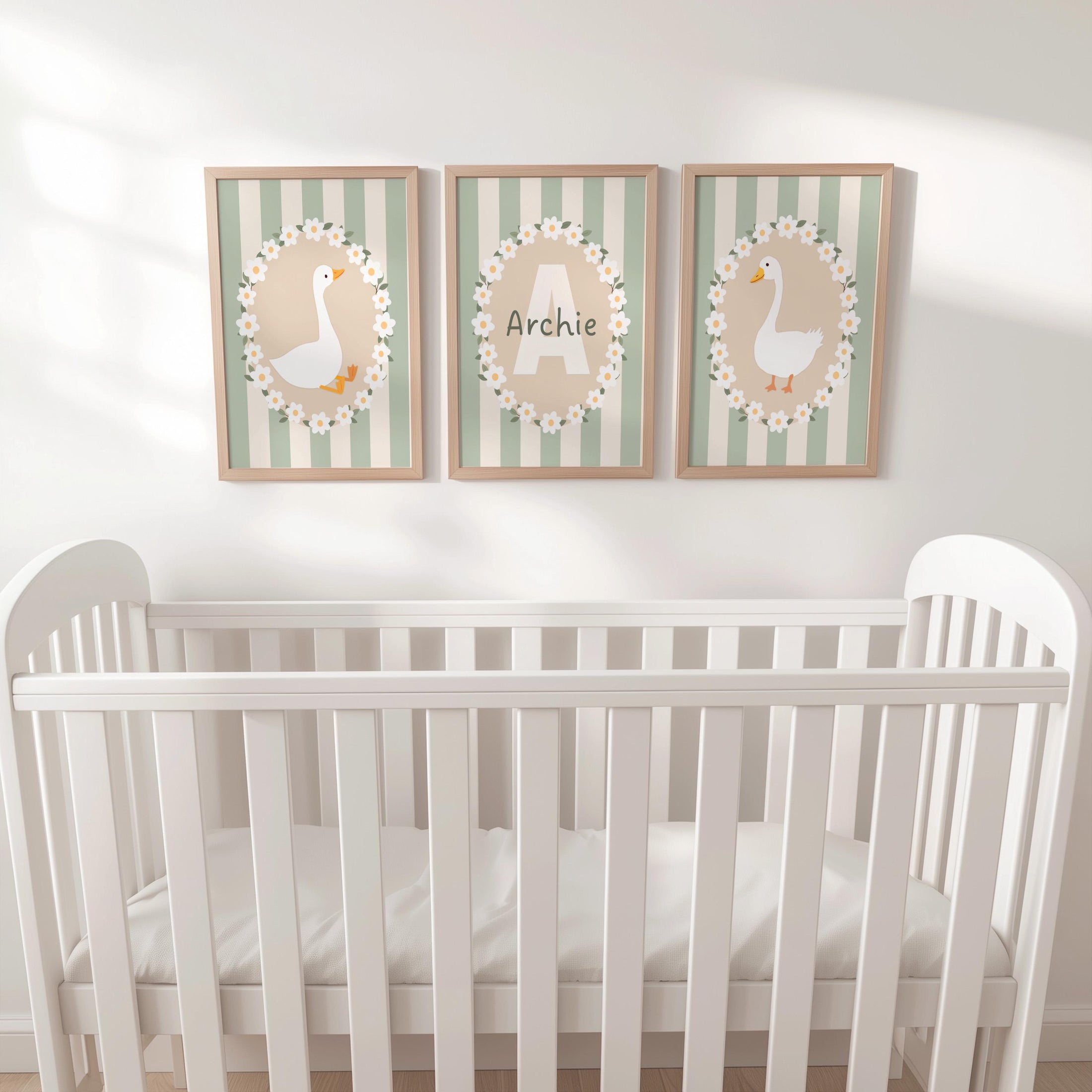 Personalised Goose Nursery Print Set – Custom Name & Initial Wall Art – Green Striped Baby Room Decor with Optional Frames
