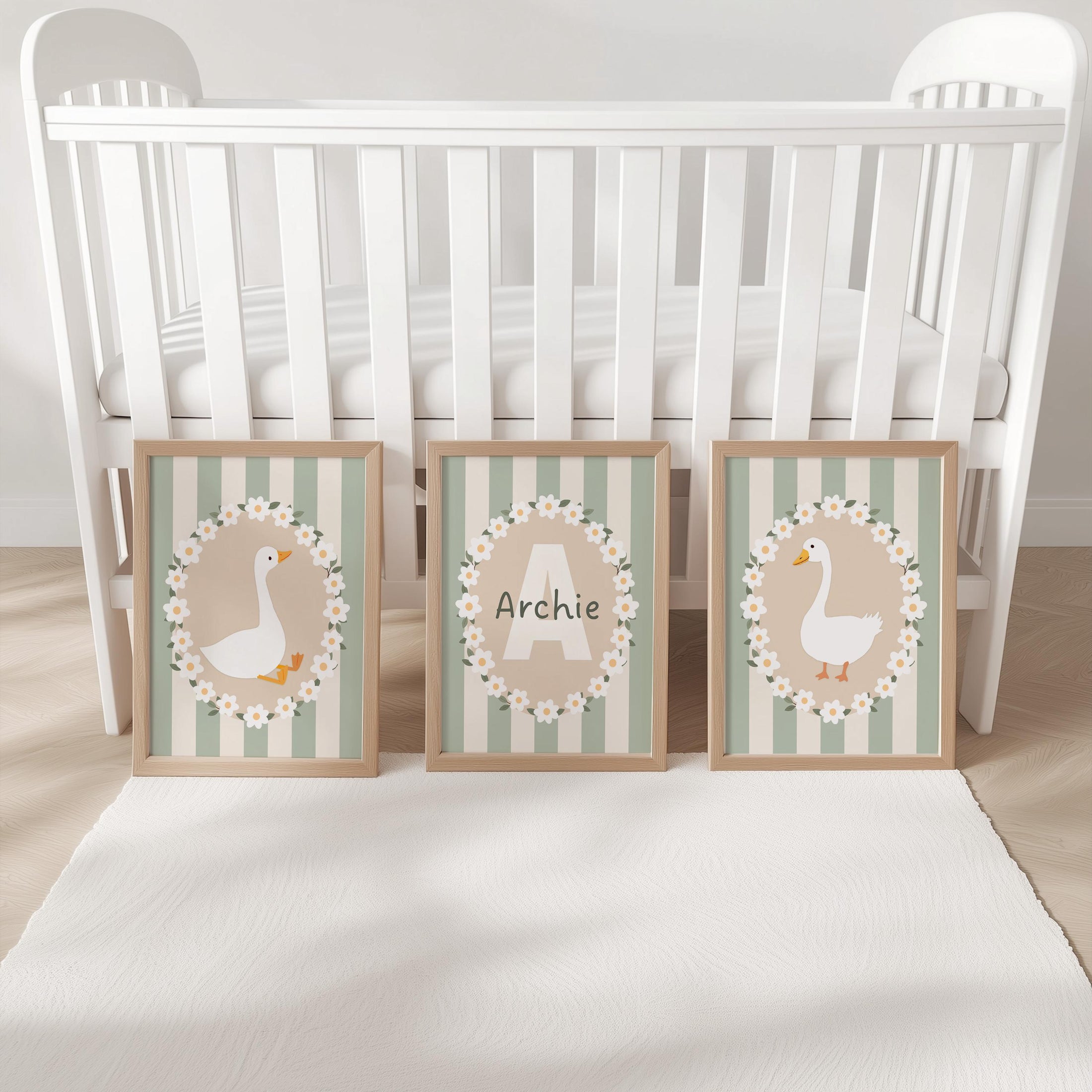 Personalised Goose Nursery Print Set – Custom Name & Initial Wall Art – Green Striped Baby Room Decor with Optional Frames