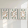 Load image into Gallery viewer, Personalised Goose Nursery Print Set – Custom Name & Initial Wall Art – Green Striped Baby Room Decor with Optional Frames
