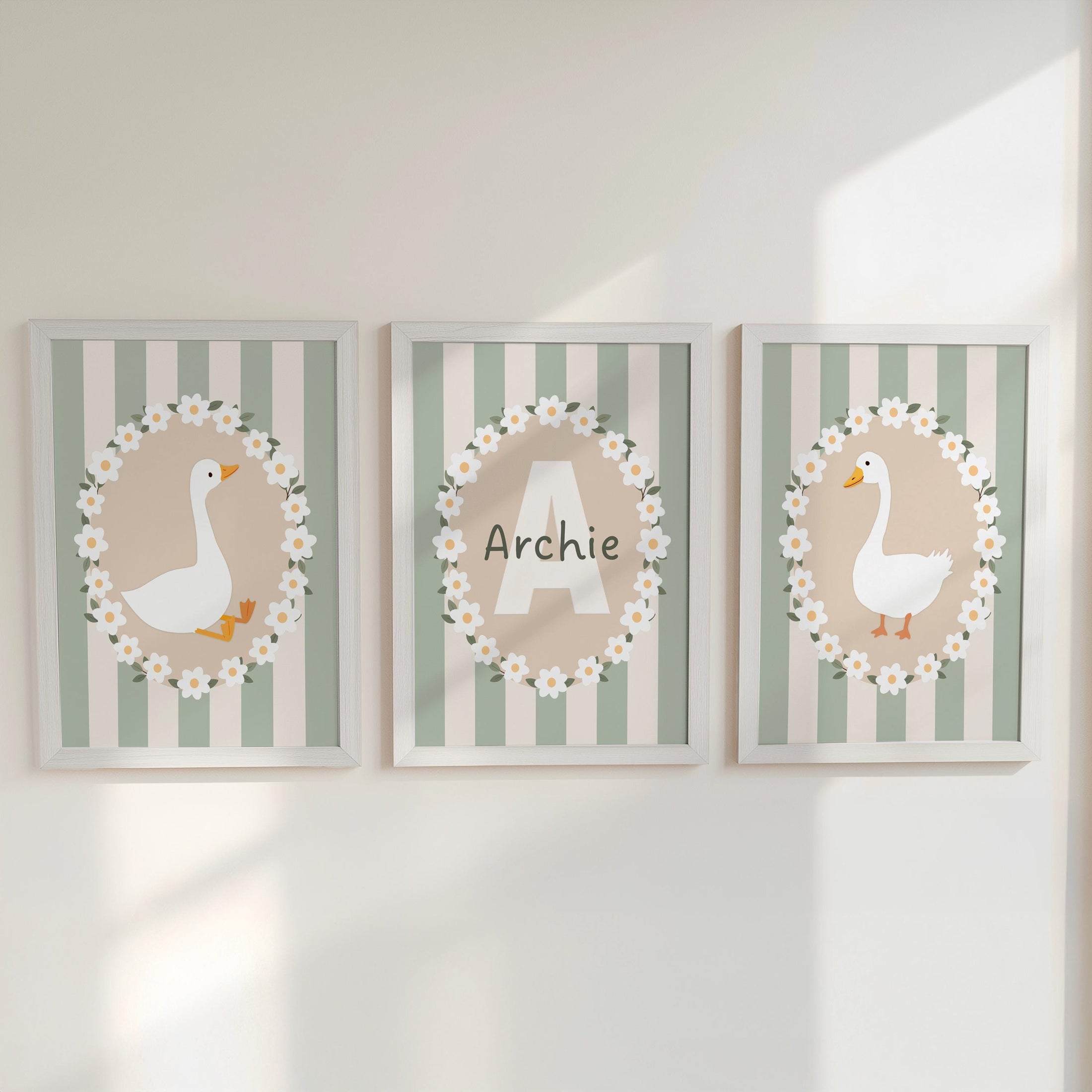 Personalised Goose Nursery Print Set – Custom Name & Initial Wall Art – Green Striped Baby Room Decor with Optional Frames