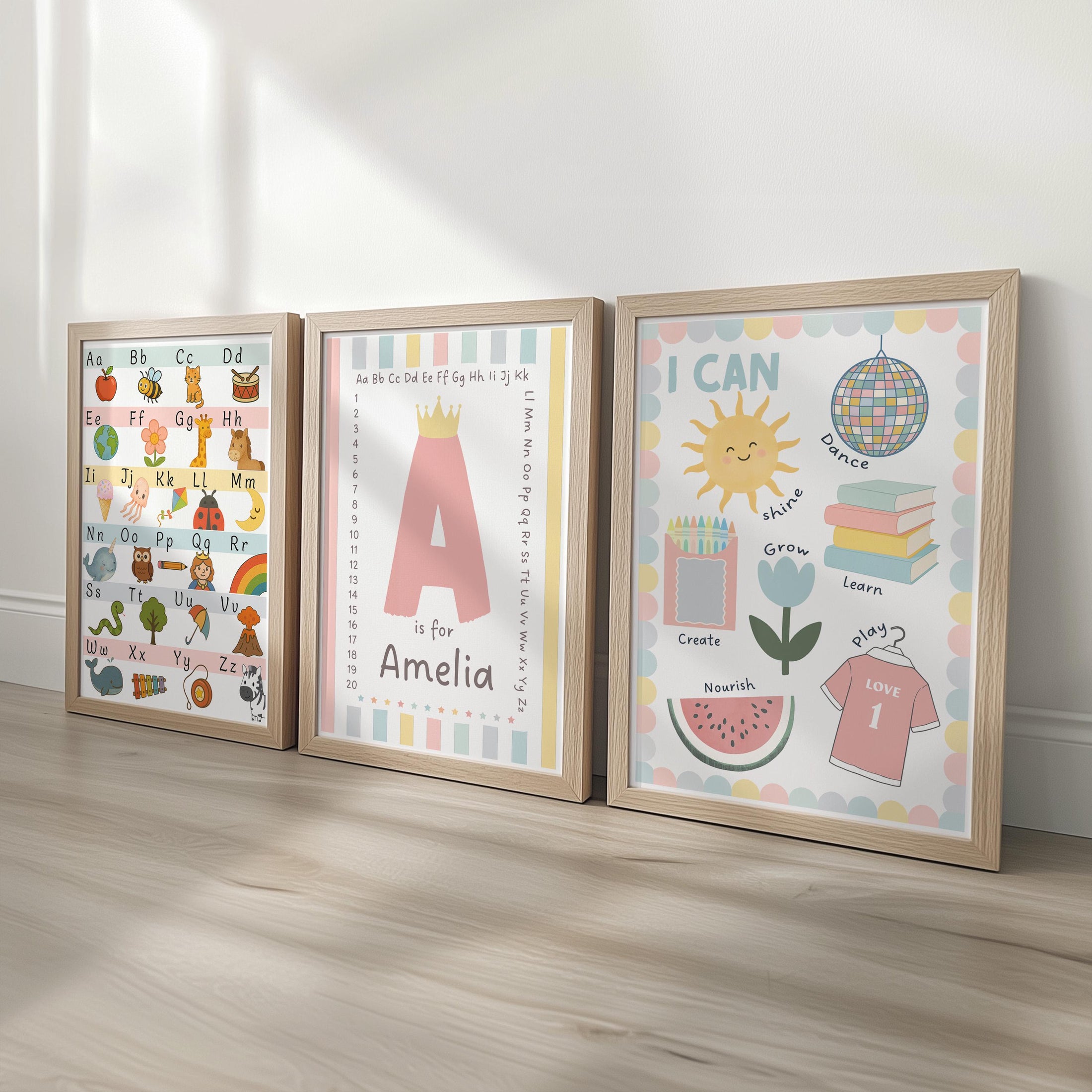 Set of 3 Personalised Nursery Prints - ABC Alphabet, Name Initial, I Can Affirmations - Kids Educational Wall Art with Optional Frames