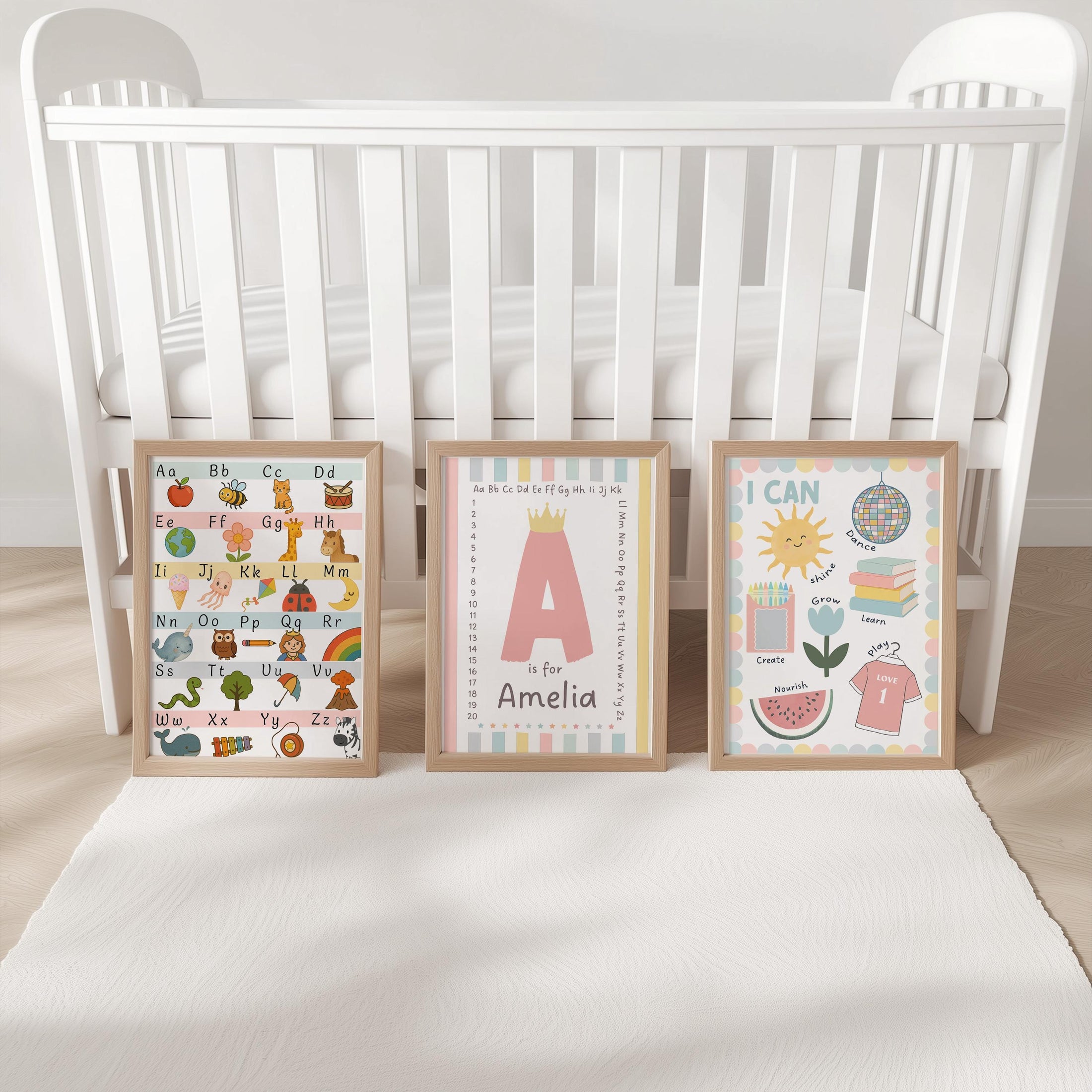 Set of 3 Personalised Nursery Prints - ABC Alphabet, Name Initial, I Can Affirmations - Kids Educational Wall Art with Optional Frames