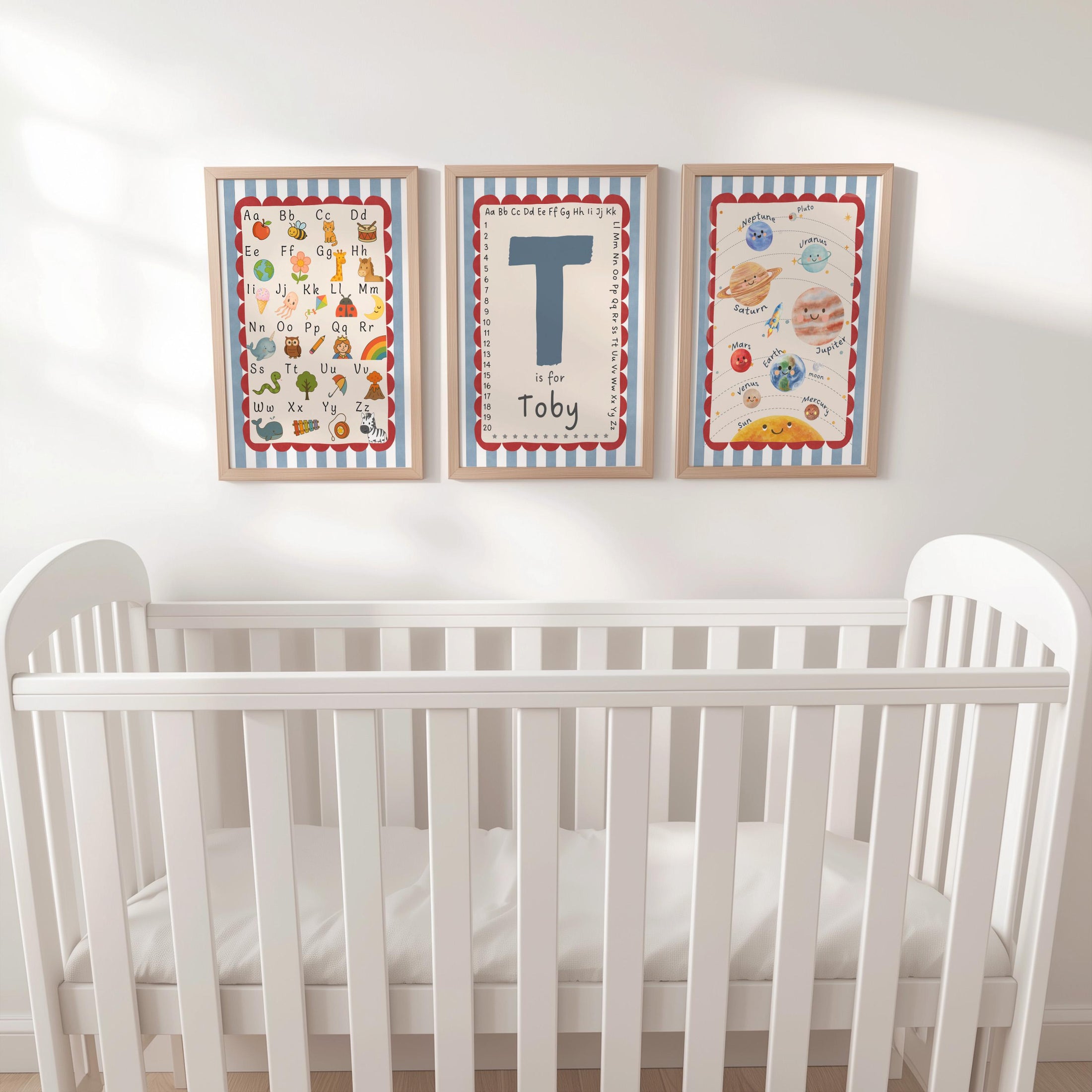 Set of 3 Personalised Nursery Prints - Alphabet, Name Initial, Solar System - Kids Educational Wall Art, Boys Bedroom & Playroom Decor
