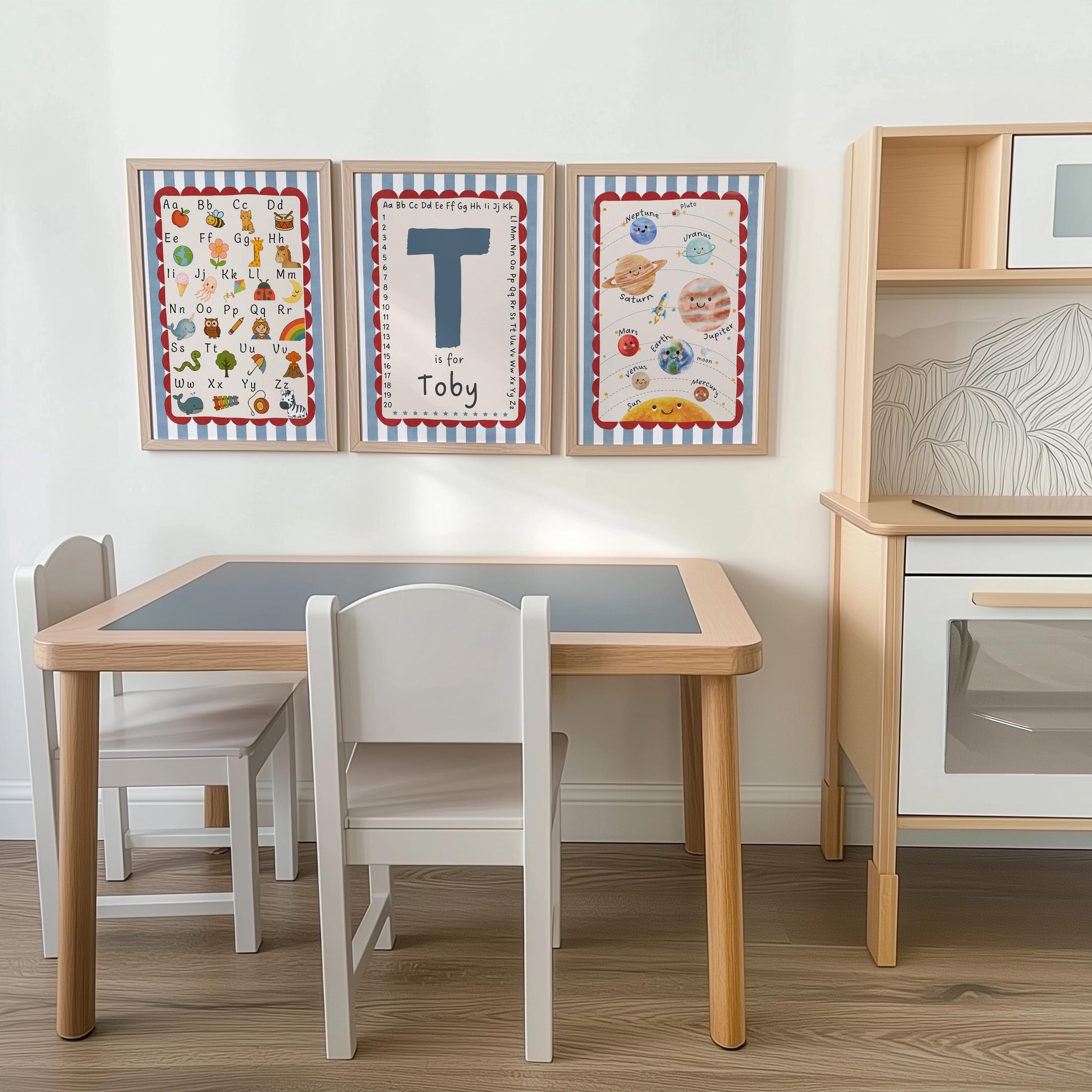 Set of 3 Personalised Nursery Prints - Alphabet, Name Initial, Solar System - Kids Educational Wall Art, Boys Bedroom & Playroom Decor