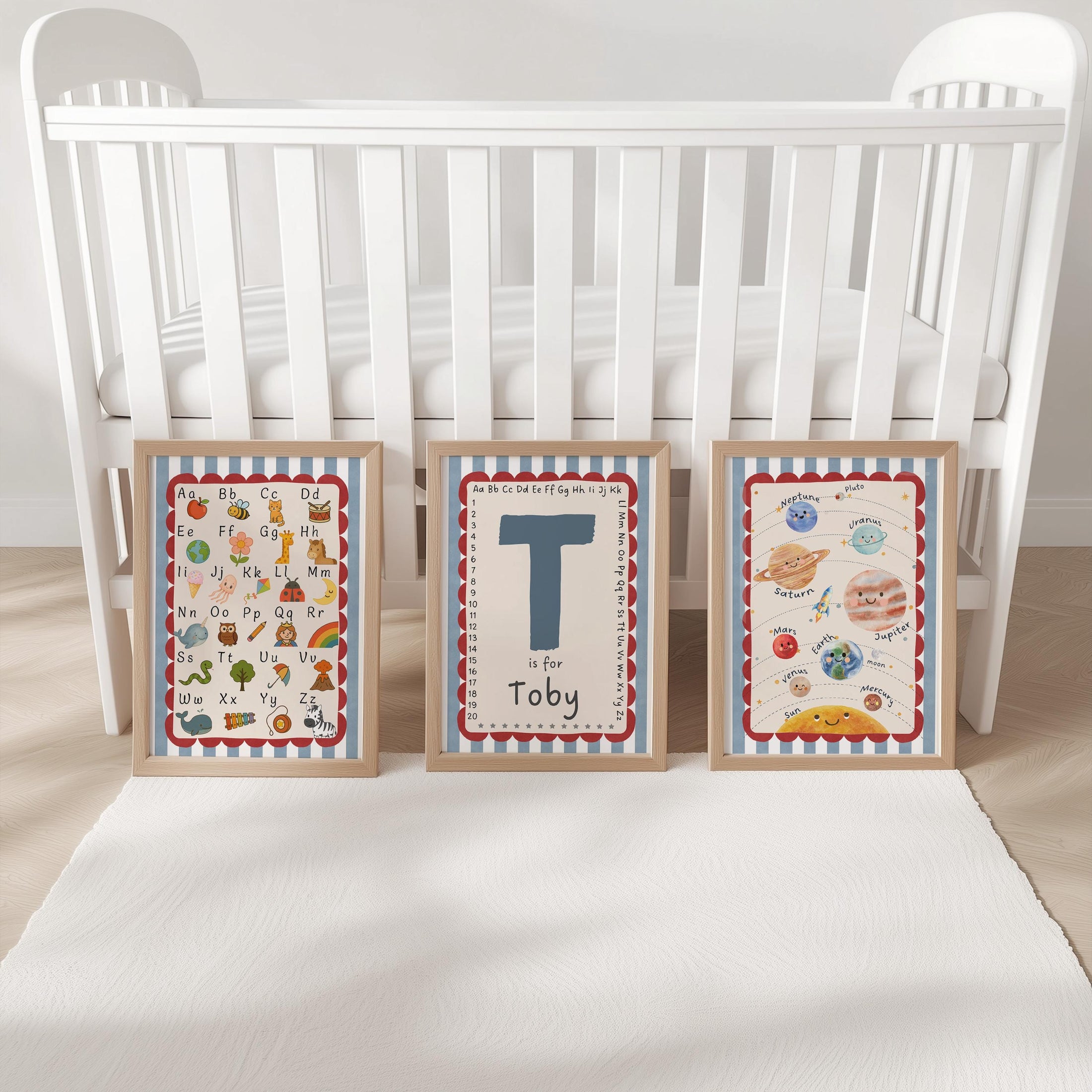 Set of 3 Personalised Nursery Prints - Alphabet, Name Initial, Solar System - Kids Educational Wall Art, Boys Bedroom & Playroom Decor