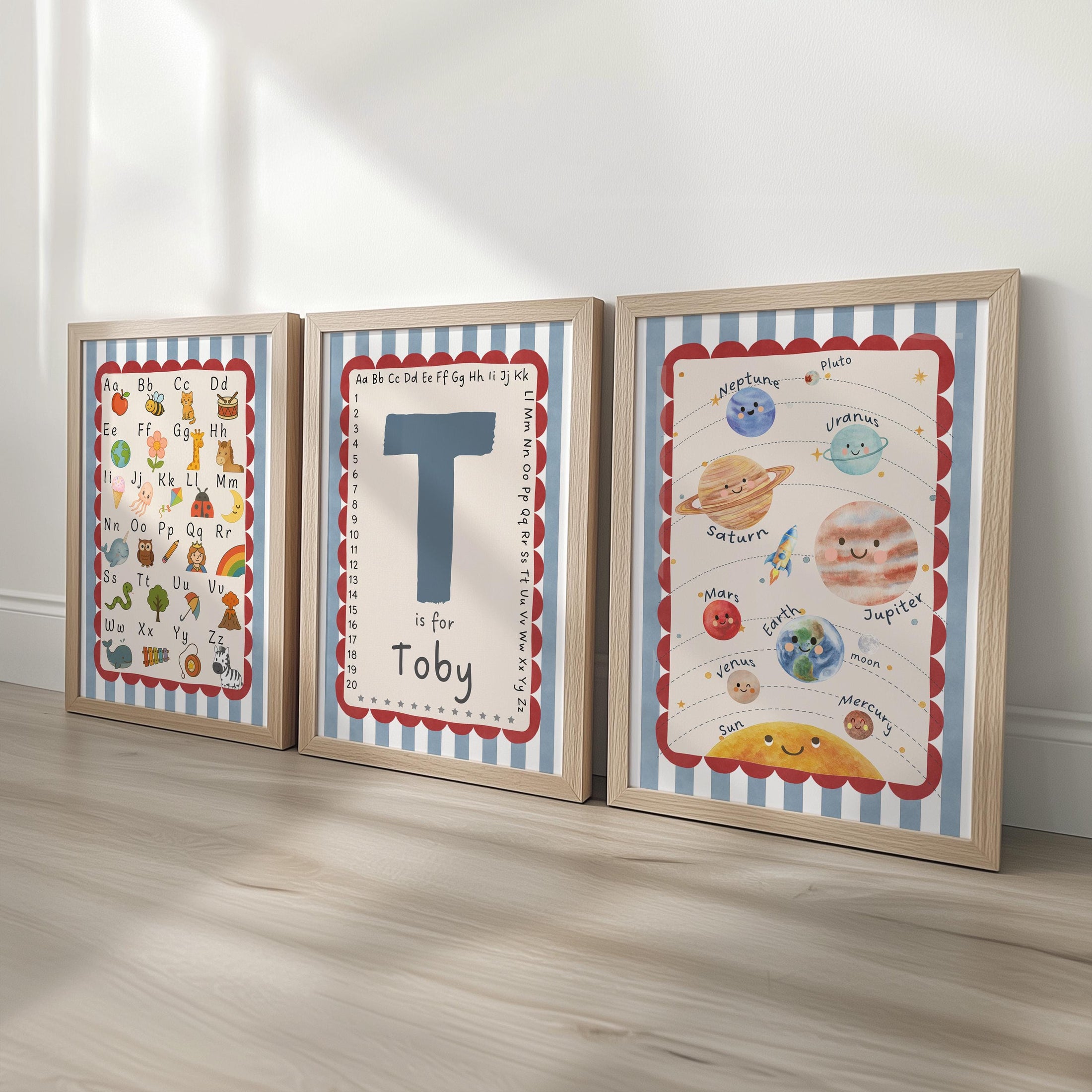 Set of 3 Personalised Nursery Prints - Alphabet, Name Initial, Solar System - Kids Educational Wall Art, Boys Bedroom & Playroom Decor