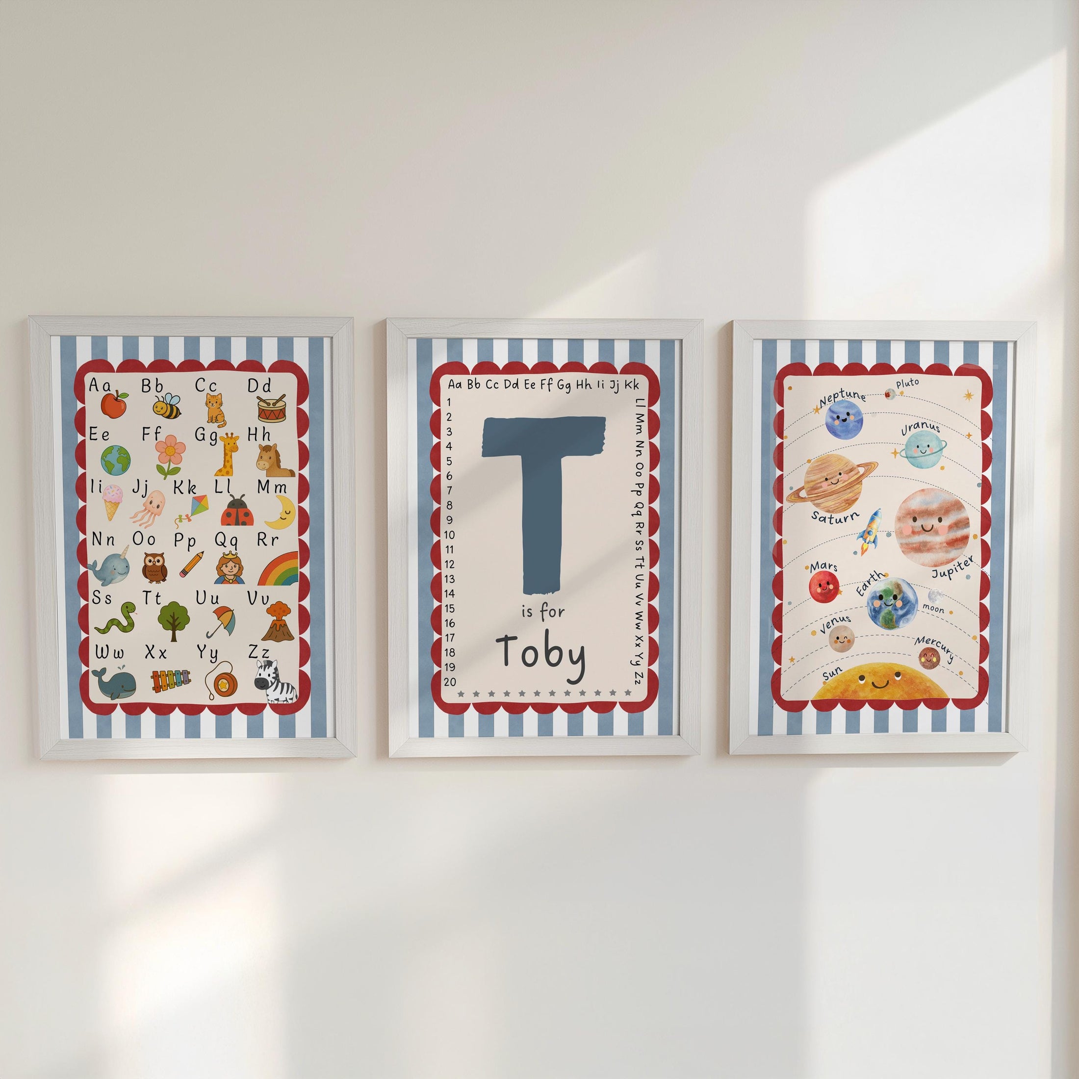 Set of 3 Personalised Nursery Prints - Alphabet, Name Initial, Solar System - Kids Educational Wall Art, Boys Bedroom & Playroom Decor